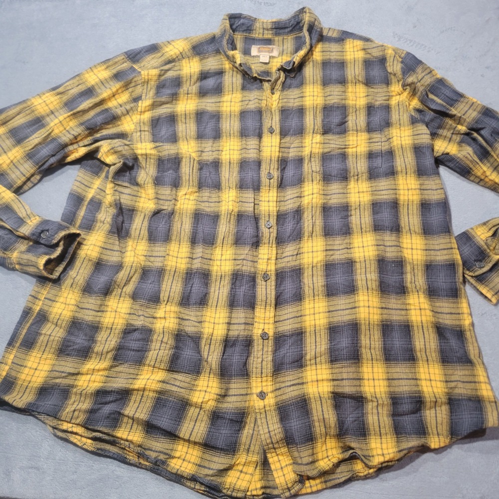 The Foundry Shirt Mens 2XLT Yellow Charcoal Plaid Cotton Long Sleeve Button Down